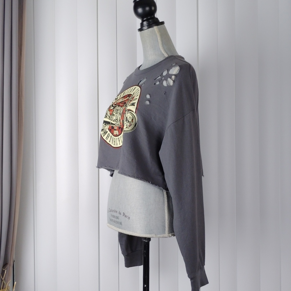 Windsor Distressed Grey Motorcycle Graphic Cropped Sweatshirt - Picture 2 of 14